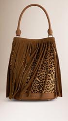 Burberry The Bucket Bag In Animal Print Shearling And Fringing