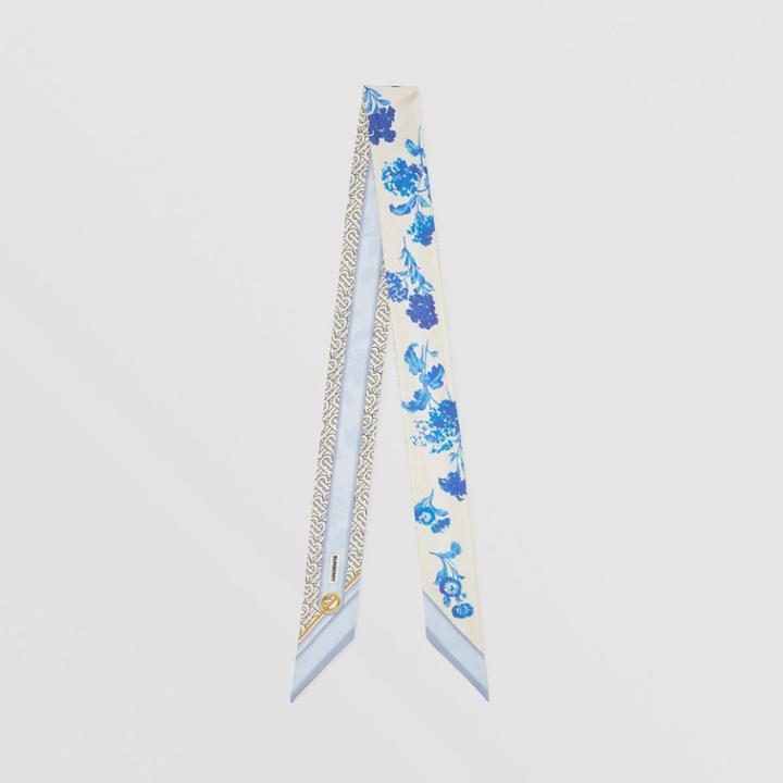 Burberry Burberry Floral And Monogram Print Silk Skinny Scarf, Blue