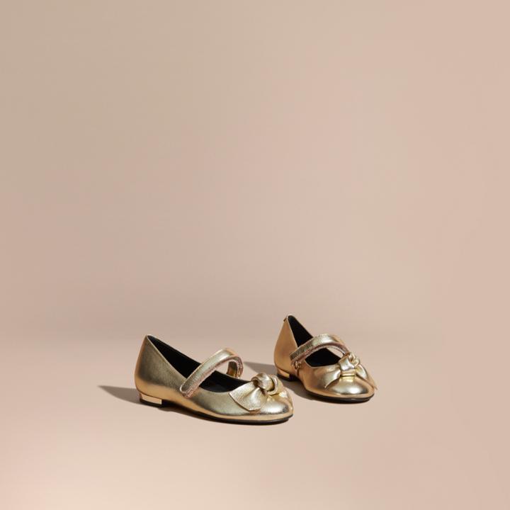 Burberry Burberry Bow Detail Metallic Leather Ballerinas, Size: 8, Grey
