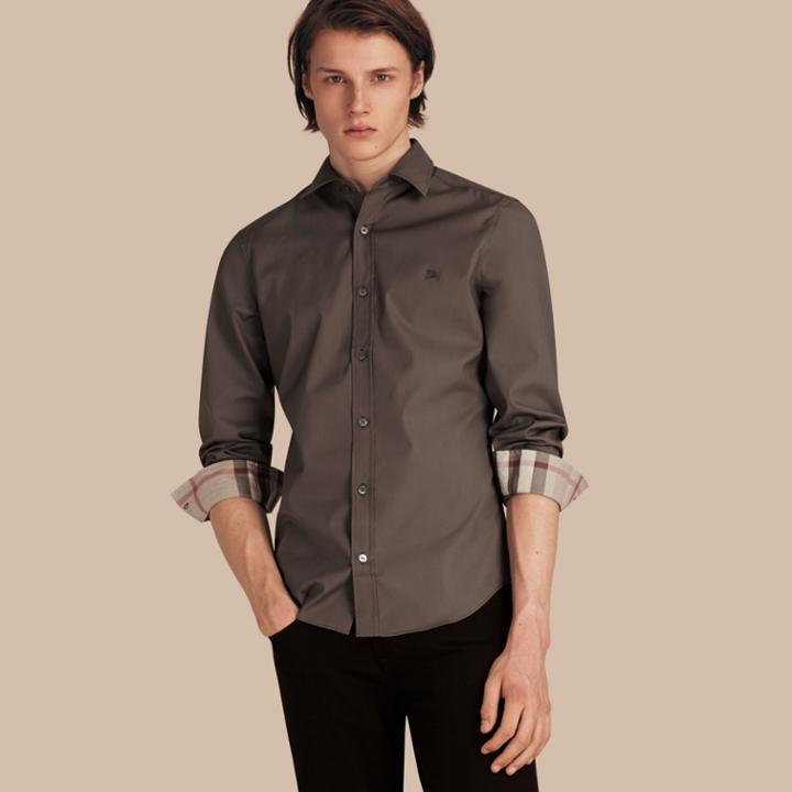 Burberry Burberry Check Detail Stretch Cotton Poplin Shirt, Size: M, Grey