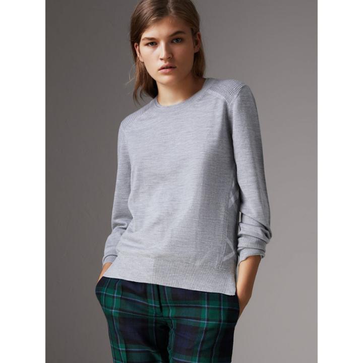 Burberry Burberry Check Detail Merino Wool Sweater, Grey