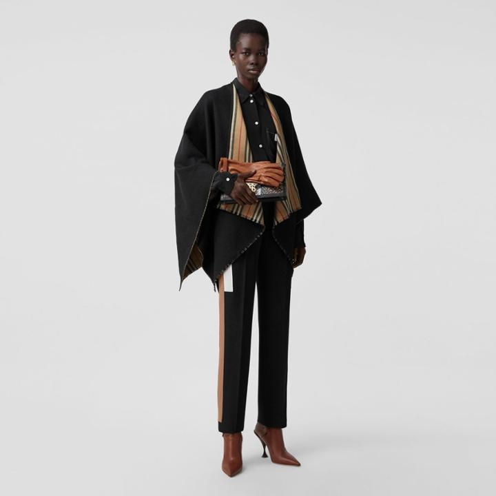 Burberry Burberry Icon Stripe Detail Wool Cape, Size: Os, Black