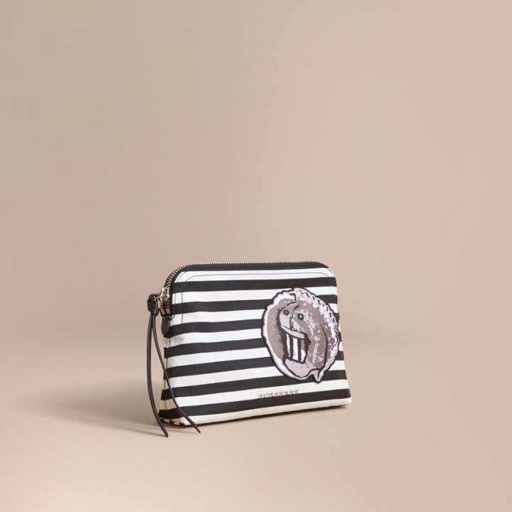 Burberry Burberry Large Striped Pouch With Pallas Heads Appliqu, Black