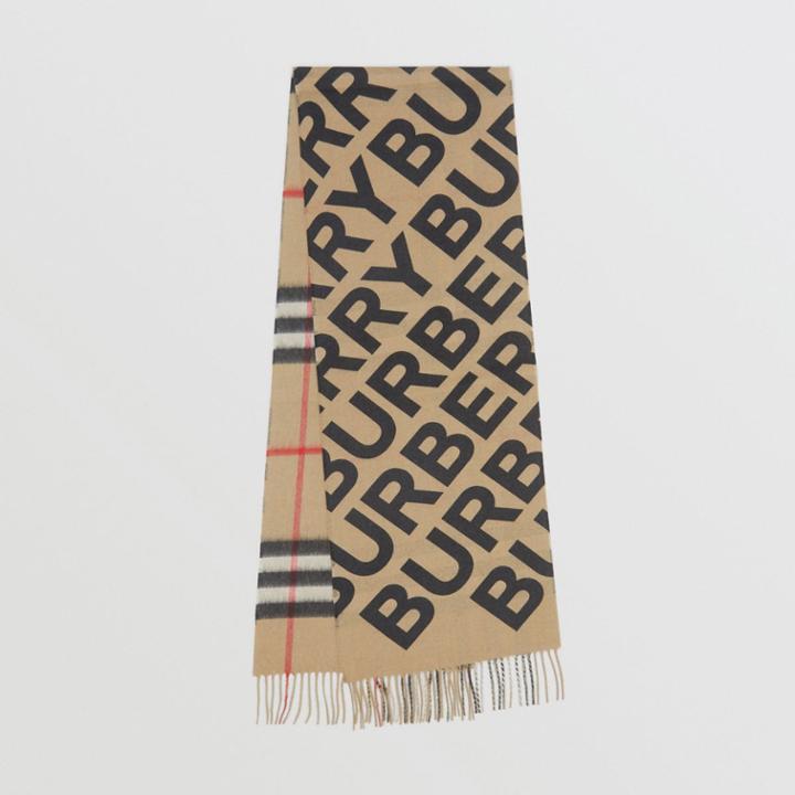 Burberry Burberry Logo Print Check Cashmere Scarf, Black