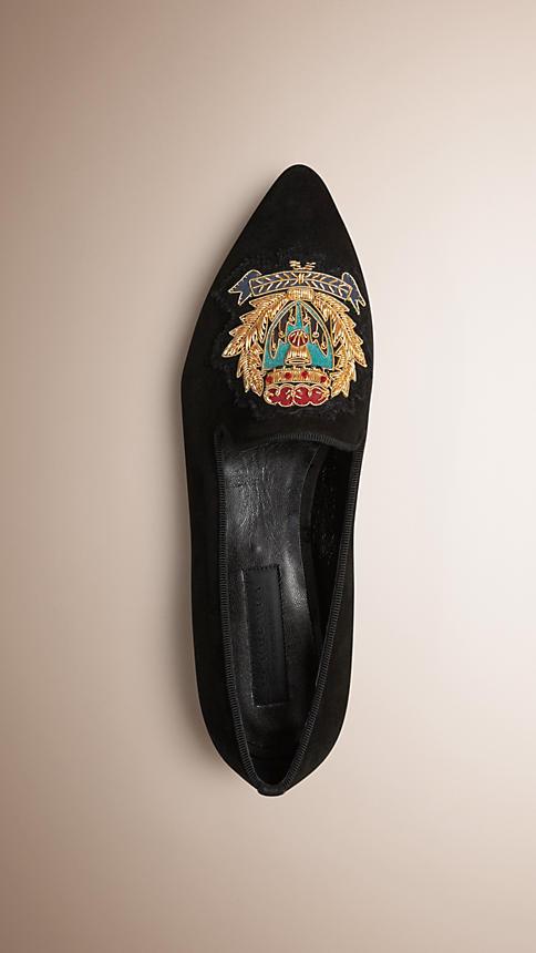 Burberry Embroidered Crest Suede Loafers