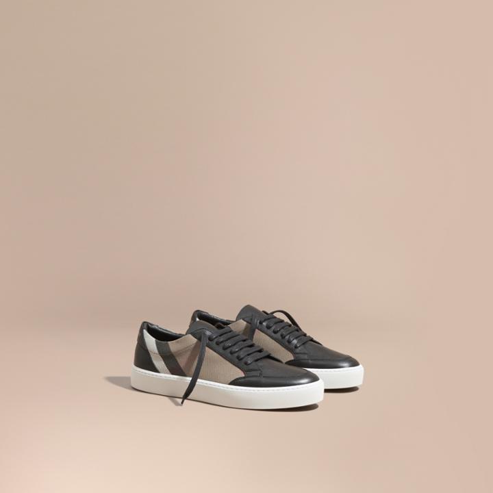 Burberry Burberry Check Detail Leather Sneakers, Size: 38, Black