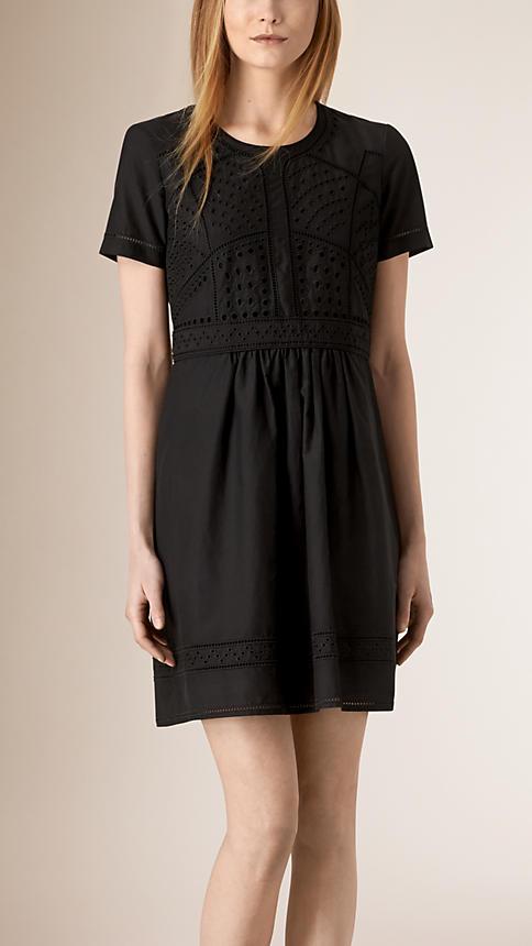 Burberry Broderie Anglais Detail Cotton Silk Dress