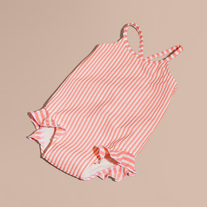Burberry Burberry One-piece Striped Swimsuit With Check Ruffles, Size: 12m, Orange