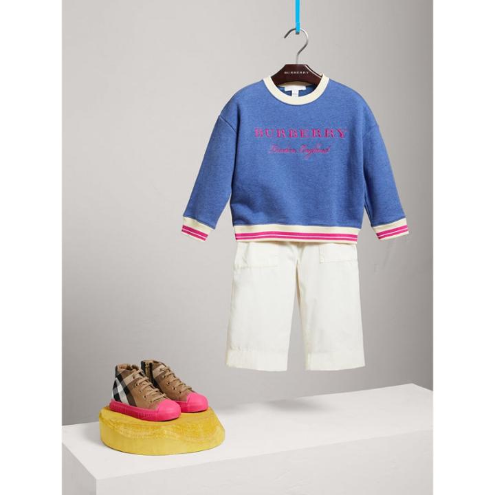 Burberry Burberry Striped Hem Embroidered Cotton Jersey Sweatshirt, Size: 10y, Blue