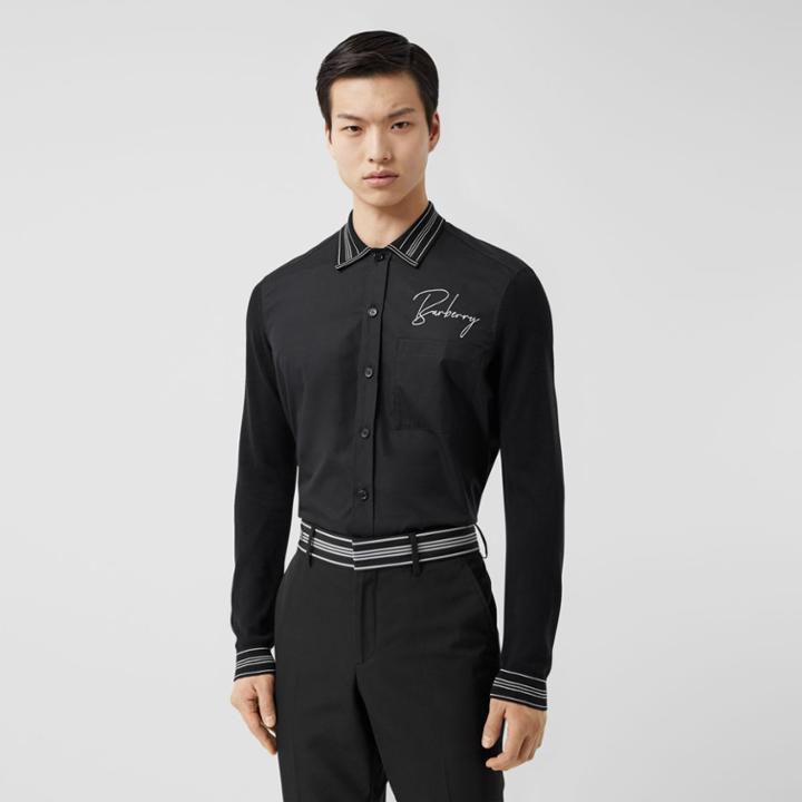 Burberry Burberry Silk Detail Logo Embroidered Cotton Poplin Shirt, Black