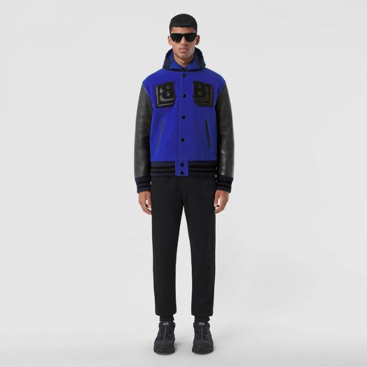 Burberry Burberry Leather Sleeve Technical Wool Varsity Jacket, Size: 34