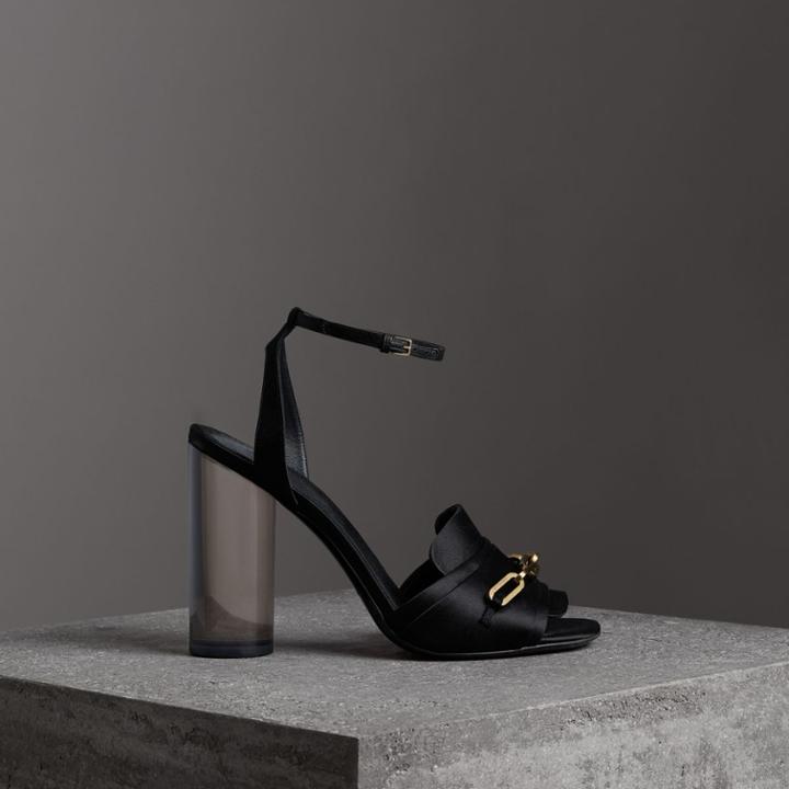 Burberry Burberry Link Detail Perspex Heel Satin Sandals, Size: 35, Black