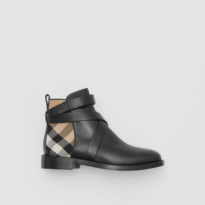Burberry Burberry House Check And Leather Ankle Boots, Size: 37.5, Black