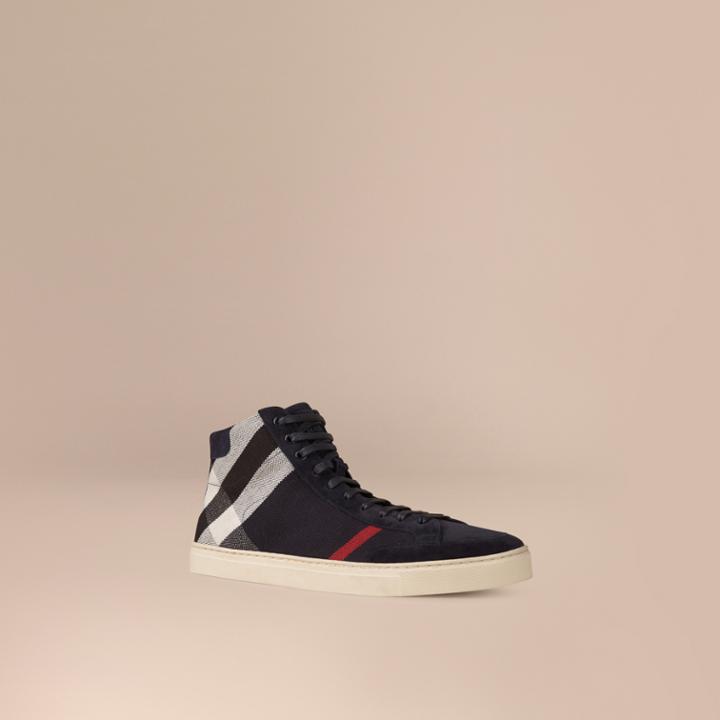 Burberry Burberry Exploded Check Suede And Jute High-top Trainers, Size: 40.5, Blue