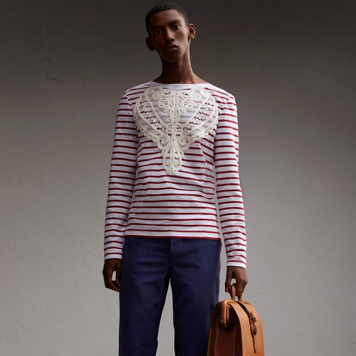Burberry Burberry Unisex Breton Stripe Cotton Top With Lace Appliqu , Size: Xxl, Red