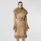 Burberry Burberry Shearling Trim Cotton Gabardine Belted Trench Coat, Size: 02, Honey