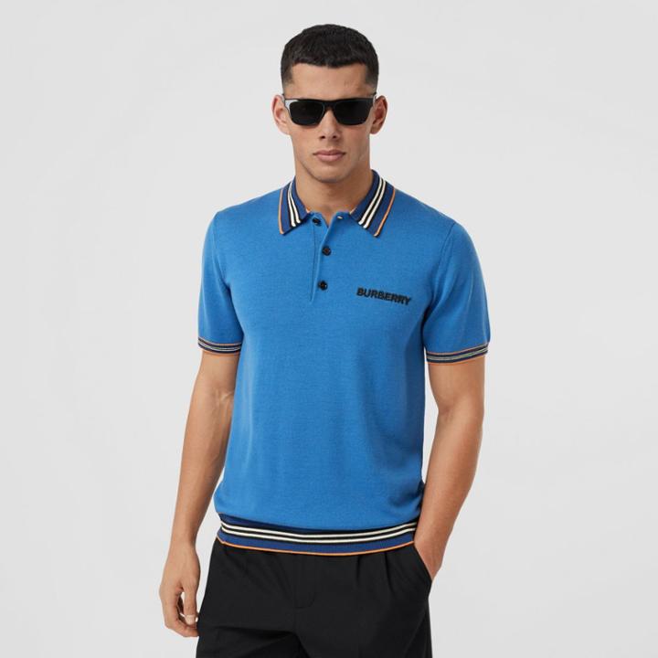 Burberry Burberry Icon Stripe Detail Merino Wool Polo Shirt, Blue