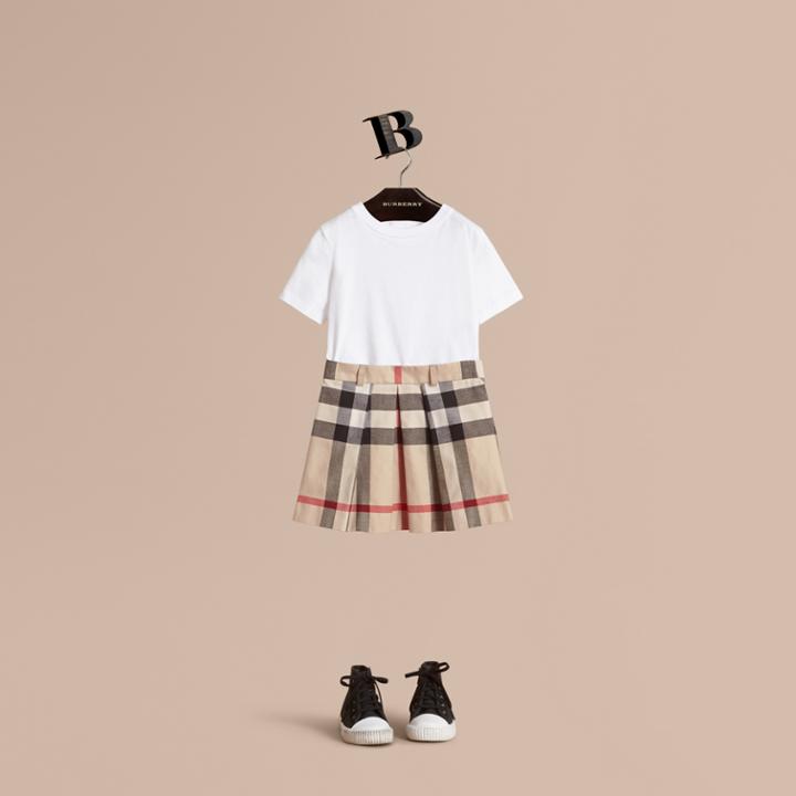 Burberry Burberry Pleated Check Cotton Skirt, Size: 12y, Beige