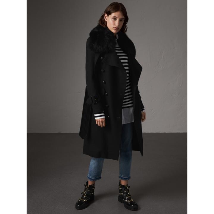 Burberry Burberry Detachable Fox Fur Collar Wool Blend Trench Coat, Size: 10, Black