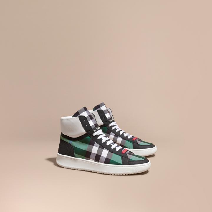 Burberry Burberry Leather And Check High-top Trainers, Size: 43, Green