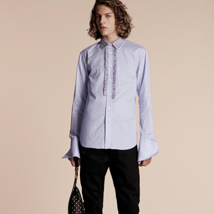 Burberry Burberry Ruffle Placket Striped Cotton Shirt, Size: 45, Blue