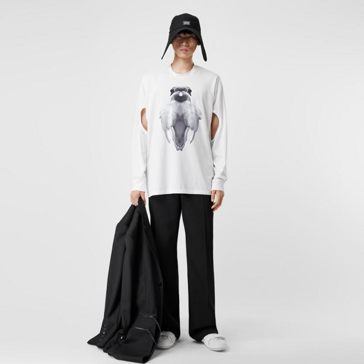 Burberry Burberry Cut-out Sleeve Swan Print Cotton Oversized Top, Size: M, White