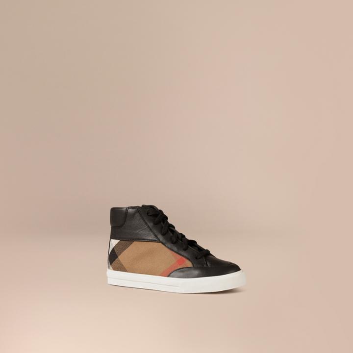 Burberry Burberry House Check And Leather High Top Trainers, Size: 27, Black