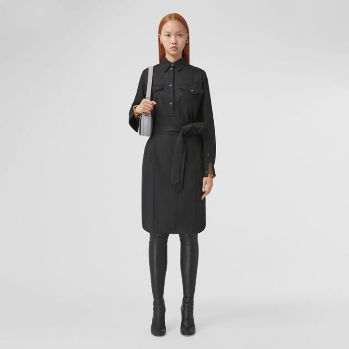 Burberry Burberry Logo Appliqu Wool Tie-waist Shirt Dress, Size: 0