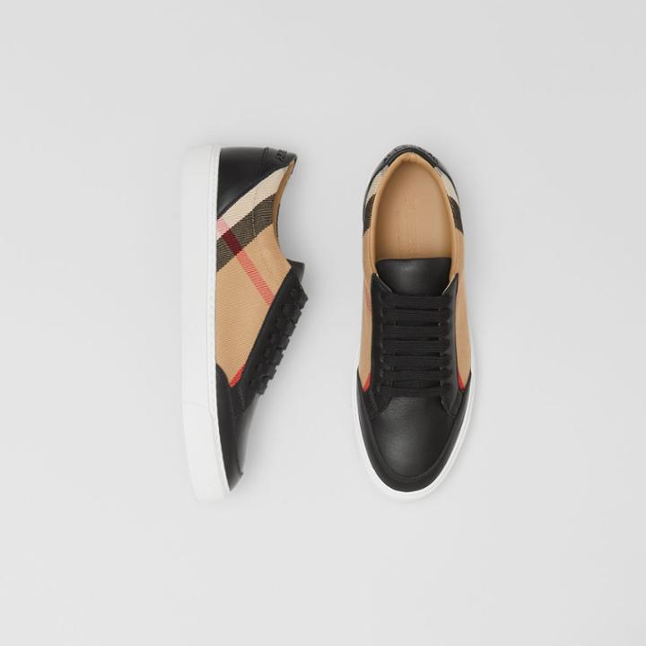Burberry Burberry House Check And Leather Sneakers, Size: 38, Black