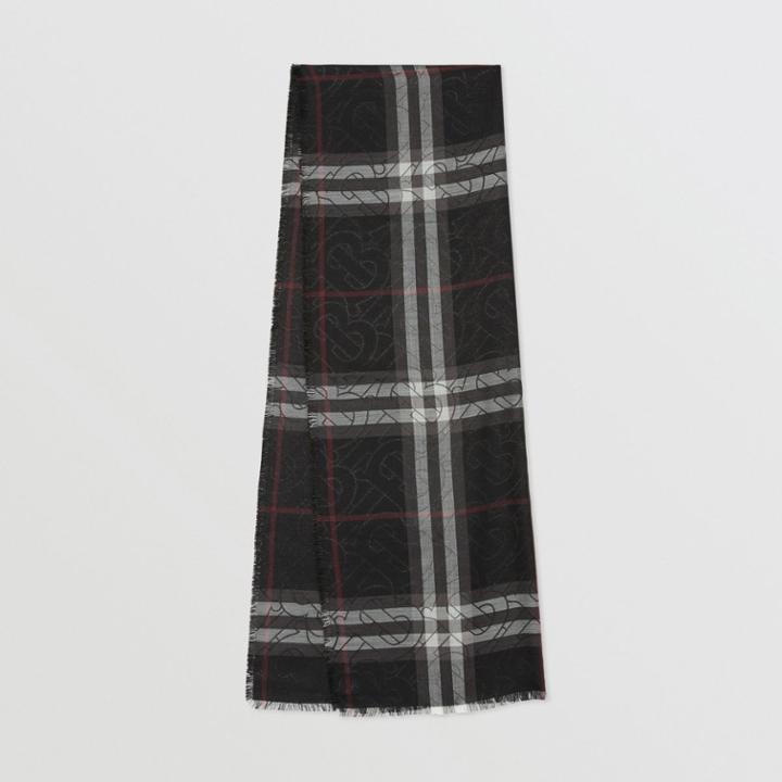 Burberry Burberry Metallic Monogram Lightweight Check Silk Blend Scarf, Black