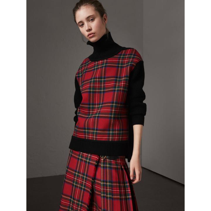 Burberry Burberry Tartan Panel Wool Cashmere Roll-neck Sweater