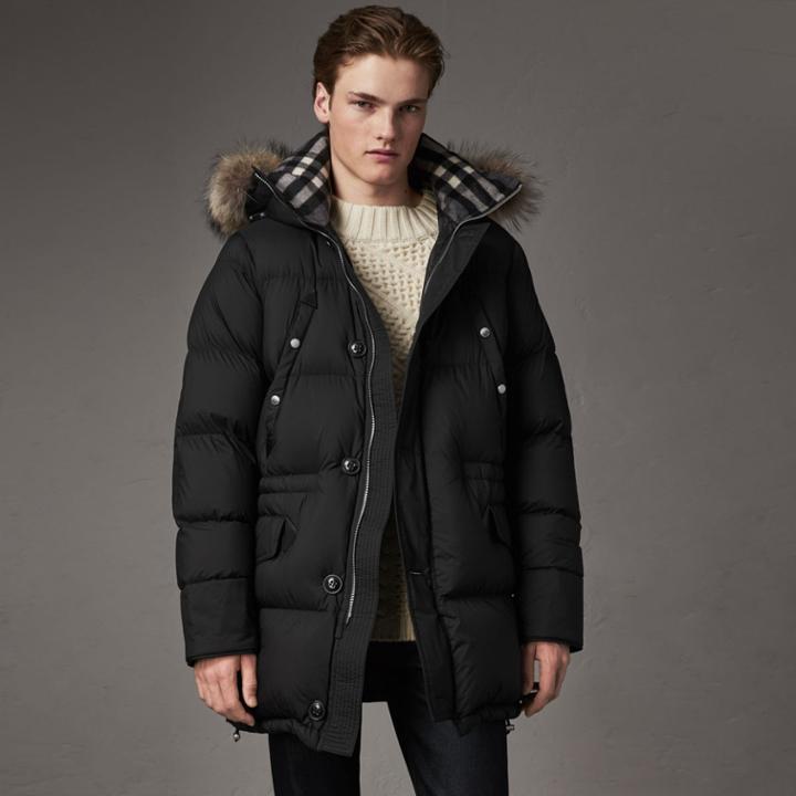 Burberry Burberry Detachable Raccoon Fur Trim Hood Down-filled Parka, Size: 44, Black