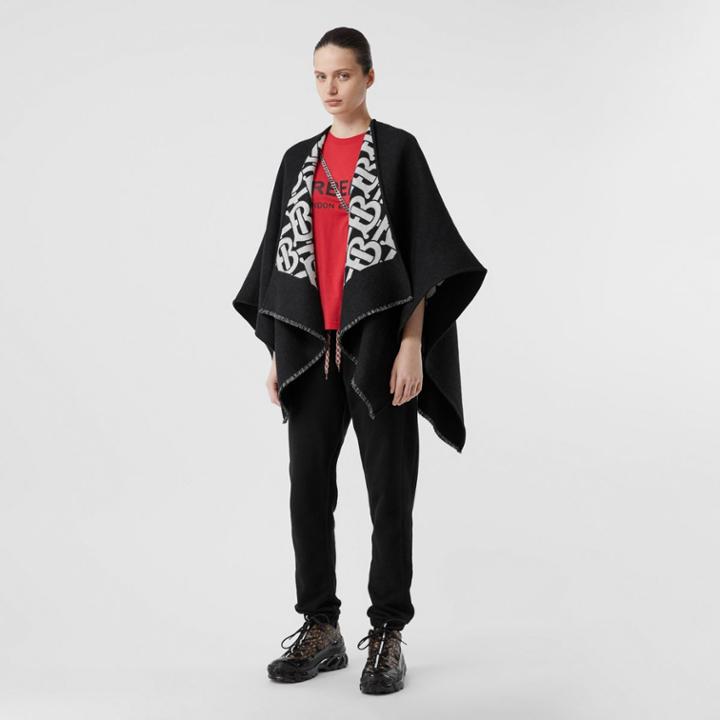 Burberry Burberry Monogram Wool Jacquard Cape, Size: Os, Black