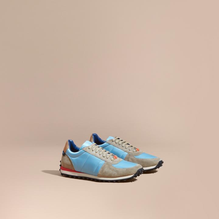 Burberry Burberry House Check Trim Suede And Technical Satin Sneakers, Size: 42, Blue
