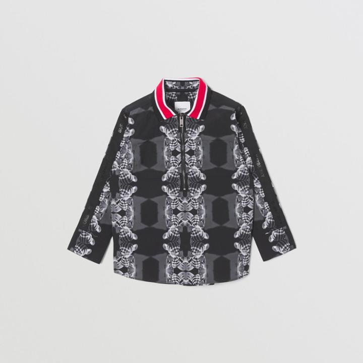 Burberry Burberry Childrens Striped Knit Collar Thomas Bear Print Cotton Shirt, Size: 4y