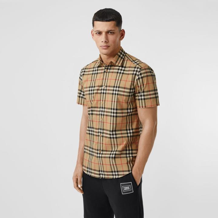 Burberry Burberry Short-sleeve Check Cotton Poplin Shirt, Size: M, Beige