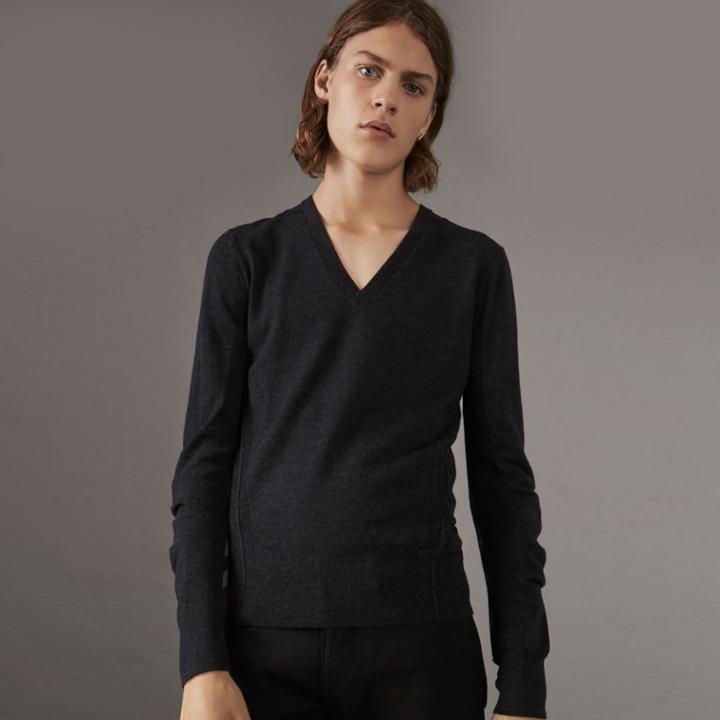 Burberry Burberry Check Detail Merino Wool V-neck Sweater, Grey