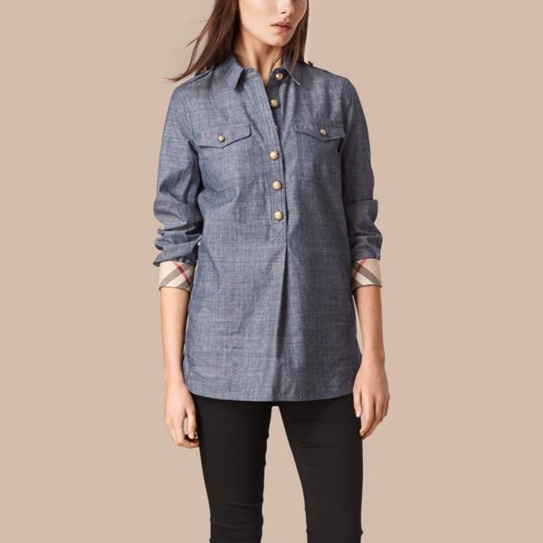Burberry Check Detail Military Cotton Tunic Shirt