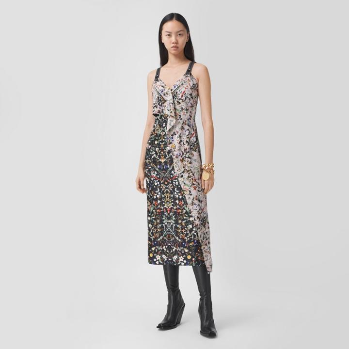 Burberry Burberry Ruffle Detail Floral Print Silk Slip Dress, Size: 02
