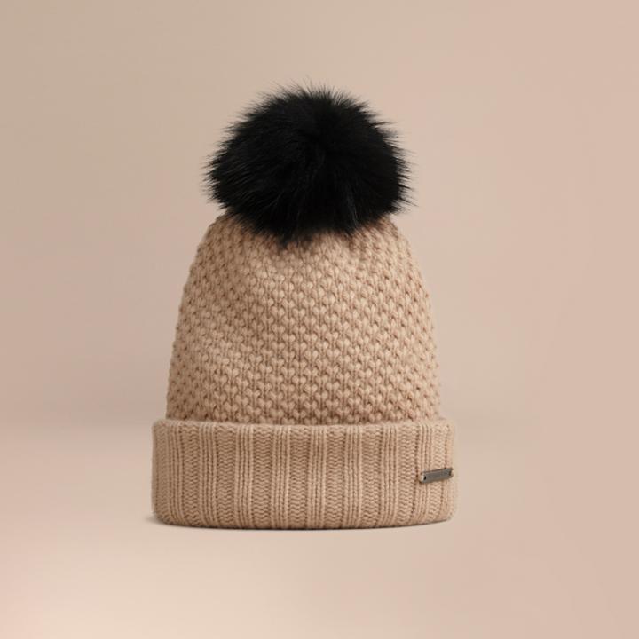 Burberry Burberry Fur Pom-pom Wool Cashmere Beanie, Brown