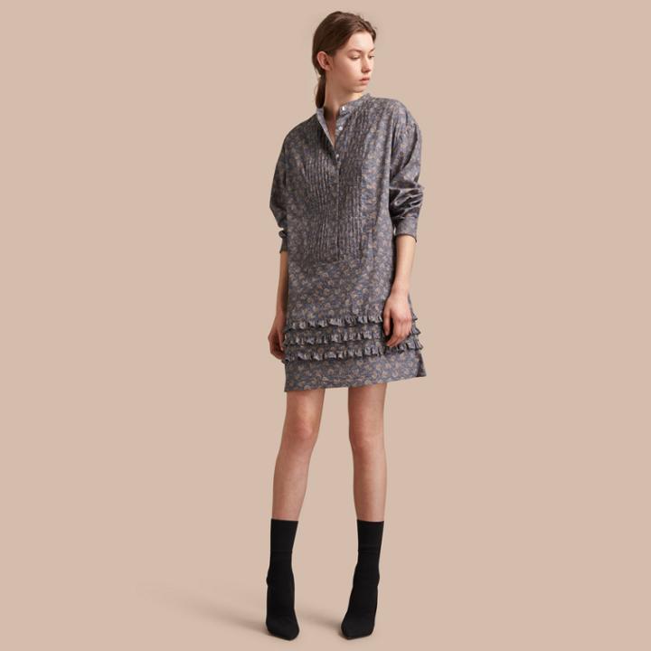 Burberry Burberry Pintuck Bib Leaf Print Cotton Shirt Dress, Size: 06, Blue