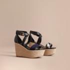 Burberry Burberry Leather And House Check Platform Espadrille Wedge Sandals, Size: 40.5, Blue