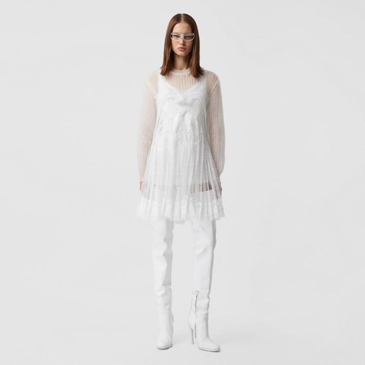 Burberry Burberry Fishnet And Lace Pleated Dress With Silk Slip, Size: 10, White
