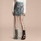 Burberry Embroidered Tulle Column Skirt With Rose Print Lining
