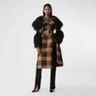 Burberry Burberry Shearling Trim Contrast Check Wool Trench Coat, Size: 02, Black