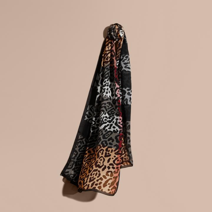Burberry Burberry Lightweight Animal Print Check Silk Scarf, Brown