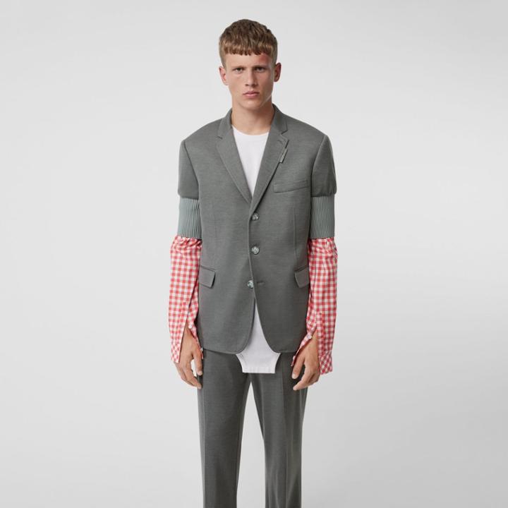 Burberry Burberry Slim Fit Panelled-sleeve Cashmere Silk Jersey Blazer, Size: 44, Grey