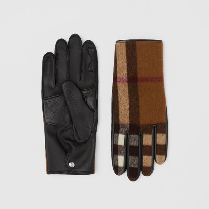 Burberry Burberry Cashmere-lined Check Wool And Lambskin Gloves, Size: 7.5, Brown