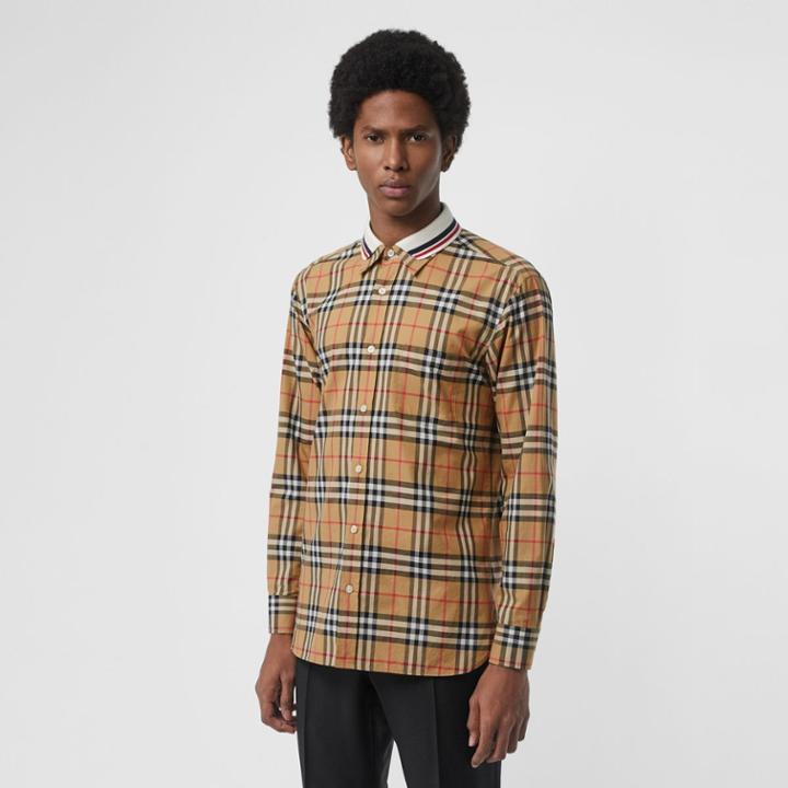 Burberry Burberry Knit Collar Vintage Check Cotton Shirt, Yellow