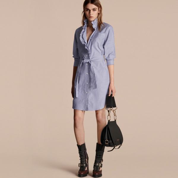 Burberry Striped Cotton Shirt Dress With Ruffles